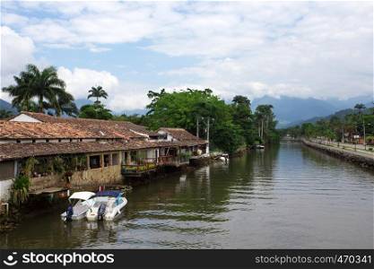colorful boats in the bay of the famous historical town Paraty Brazil