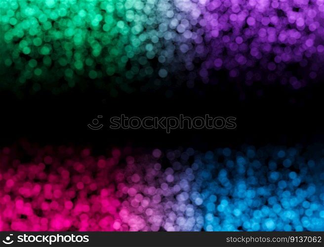 Colorful bokeh lights on black background. Copy space for your text. Abstract backdrop. Festive, celebration. Boke effect. Small out-of-focus neon light parts. Lower and upper frame, border. 3D render. Colorful bokeh lights on black background. Copy space for your text. Abstract backdrop. Festive, celebration. Boke effect. Small out-of-focus neon light parts. Lower and upper frame, border. 3D render.