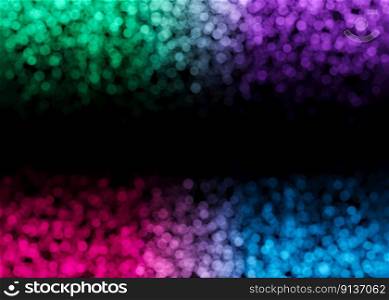 Colorful bokeh lights on black background. Copy space for your text. Abstract backdrop. Festive, celebration. Boke effect. Small out-of-focus neon light parts. Lower and upper frame, border. 3D render. Colorful bokeh lights on black background. Copy space for your text. Abstract backdrop. Festive, celebration. Boke effect. Small out-of-focus neon light parts. Lower and upper frame, border. 3D render.