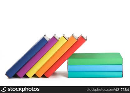 Colorful books and white background.