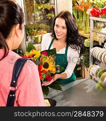 colorful bouquet florist woman selling customer flower shop store