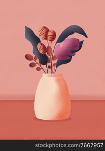 Colorful bouquet of spring flowers and branches in a vase. Stylish artistic vertical card illustration. 