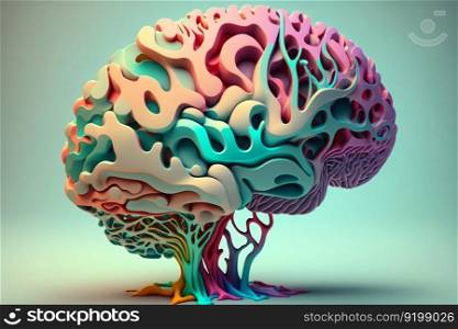 Colorful brain 3D illustration made by AI, fluid style with primary colors.