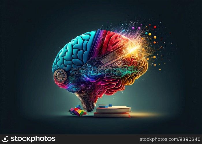 Colorful brain with many gears on dark background. Creative and analytical thinking concept. Generative AI
