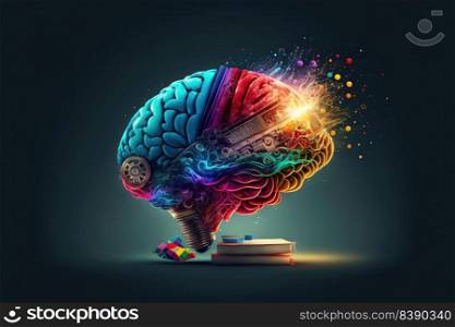 Colorful brain with many gears on dark background. Creative and analytical thinking concept. Generative AI