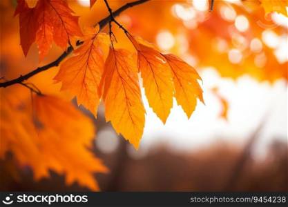 Colorful Bright Leaves on Branch - Fall Bokeh Background. Generative AI.