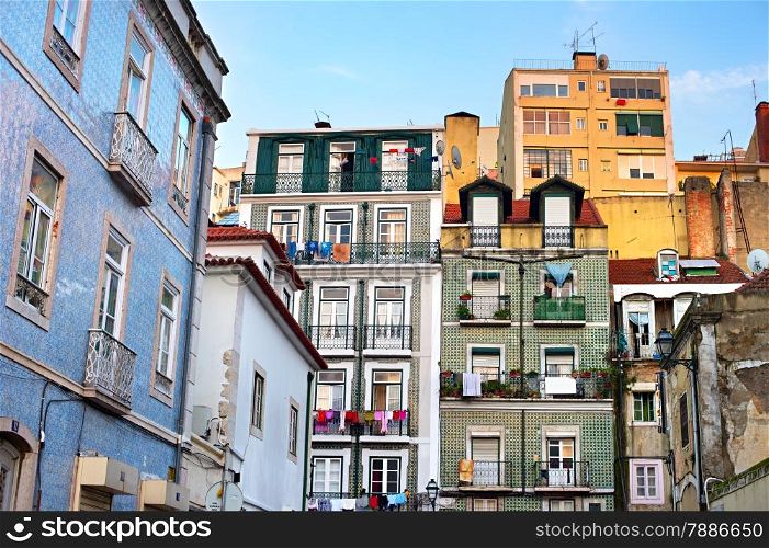 Colorful building of famous Alfama district in Lisbon, Portugal