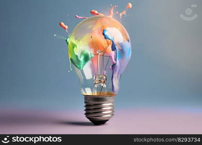 Colorful bulb l&. Light bulb with colorful paint and splashes isolated on a colored background. Generative AI 