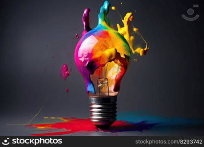 Colorful bulb l&. Light bulb with colorful paint and splashes isolated on a dark background. Generative AI 