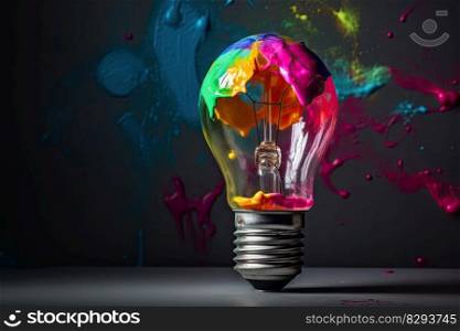 Colorful bulb l&. Light bulb with colorful paint and splashes isolated on a dark background. Generative AI 