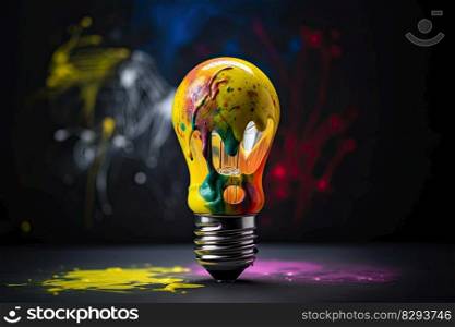 Colorful bulb l&. Light bulb with colorful paint and splashes isolated on a dark background. Generative AI 