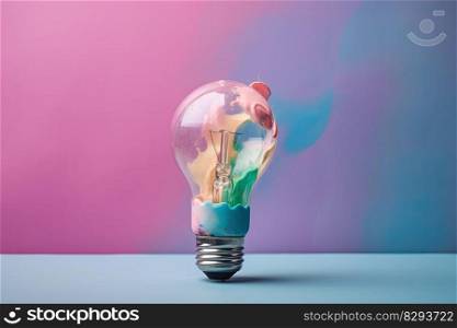 Colorful bulb lamp. Light bulb with colorful paint and splashes isolated on a colored background. Generative AI 