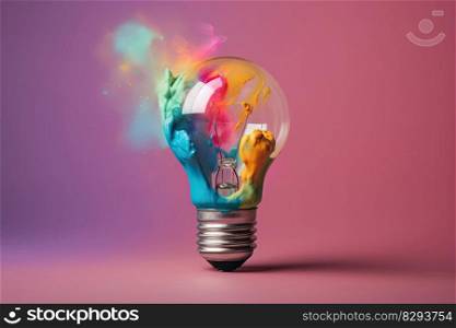 Colorful bulb lamp. Light bulb with colorful paint and splashes isolated on a colored background. Generative AI 