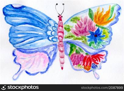 Colorful butterfly and decorative flowers abstract watercolor illustration.