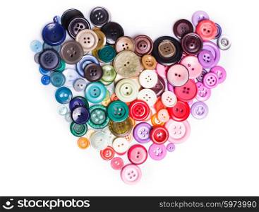 Colorful buttons as a heart shape isolated on white. Colorful buttons heart