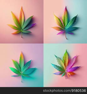 Colorful cannabis leaves on pastel pink background. Medical marijuana concept. Generative AI. Colorful cannabis leaves on pastel pink background. Generative AI