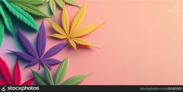 Colorful cannabis leaves on pink pastel background with copy space. Medical marijuana concept. Generative AI. Colorful cannabis leaves on pink pastel background. Generative AI