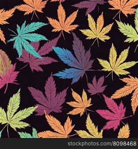 Colorful cannabis leaves pattern on black background. Medical marijuana concept. Generative AI. Colorful cannabis leaves pattern on black background. Generative AI