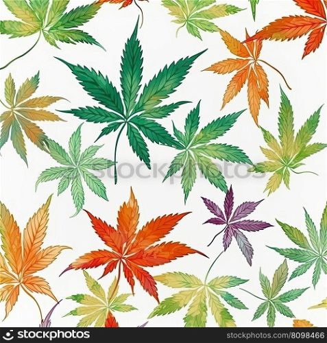 Colorful cannabis leaves pattern on white background. Medical marijuana concept. Generative AI. Colorful cannabis leaves pattern on white background. Generative AI