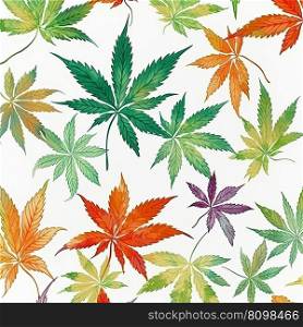 Colorful cannabis leaves pattern on white background. Medical marijuana concept. Generative AI. Colorful cannabis leaves pattern on white background. Generative AI