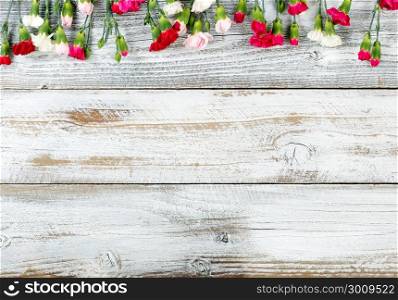 Colorful carnations and gift forming top border on white weathered wooden boards