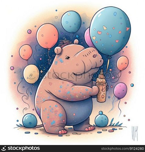 Colorful cartoon in hippopotamus characteristic in watercolor, theme of celebrating party or event. Concept of comic cartoon animal background. Finest generative AI.. Colorful cartoon in hippopotamus characteristic in watercolor in event.