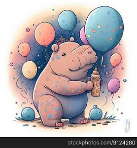 Colorful cartoon in hippopotamus characteristic in watercolor, theme of celebrating party or event. Concept of comic cartoon animal background. Finest generative AI.. Colorful cartoon in hippopotamus characteristic in watercolor in event.