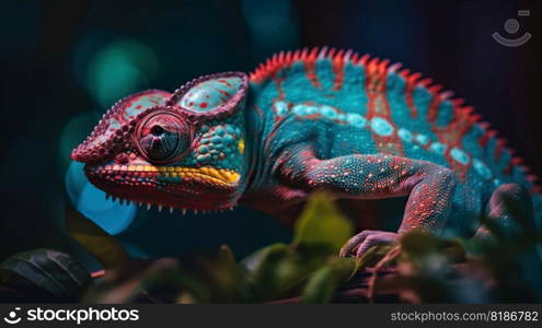 Colorful chameleon isolated on leaves background. Lizard on the green leaves. Generative AI.. Colorful chameleon isolated on leaves background. Lizard on the green leaves. Generative AI