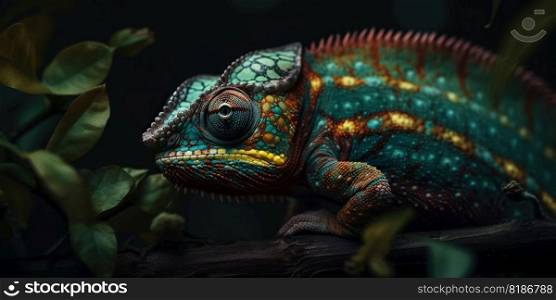 Colorful chameleon isolated on leaves background. Lizard on the green leaves. Generative AI.. Colorful chameleon isolated on leaves background. Lizard on the green leaves. Generative AI