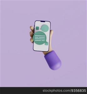 Colorful Chatting concept. Hand hold a smartphone. Person sending text messages on smartphone. 3d render illustration.