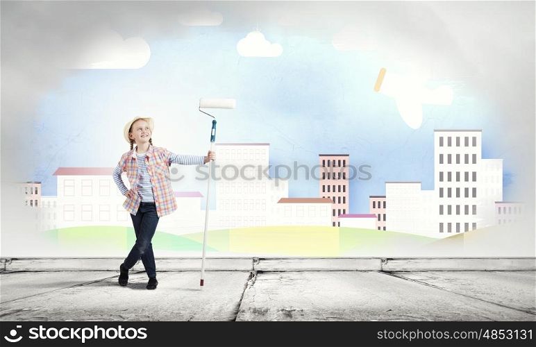 Colorful childhood. Cute girl of school age painting wall with roller