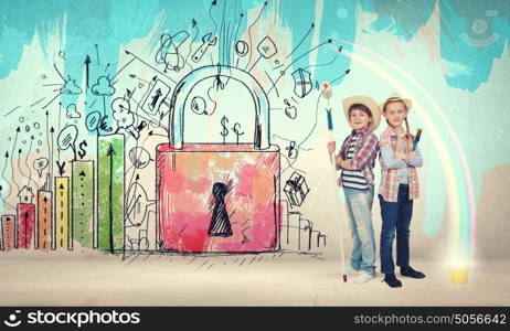 Colorful childhood. Two children of school age painting wall with roller