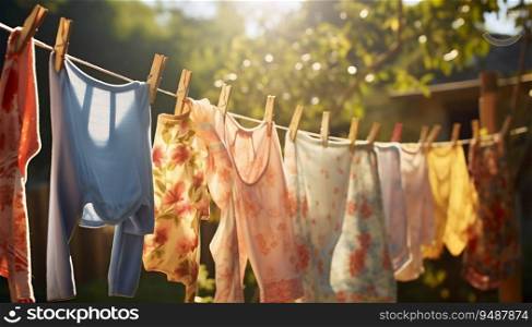 Colorful Children’s Clothing Drying on Clothesline in Sunlight. Generative ai. High quality illustration. Colorful Children’s Clothing Drying on Clothesline in Sunlight. Generative ai