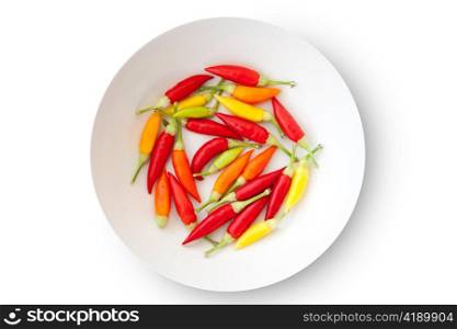 colorful chili peppers plate isolated on white background
