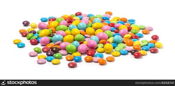 Colorful chocolate candy pills isolated on white background. . Colorful chocolate candy pills isolated