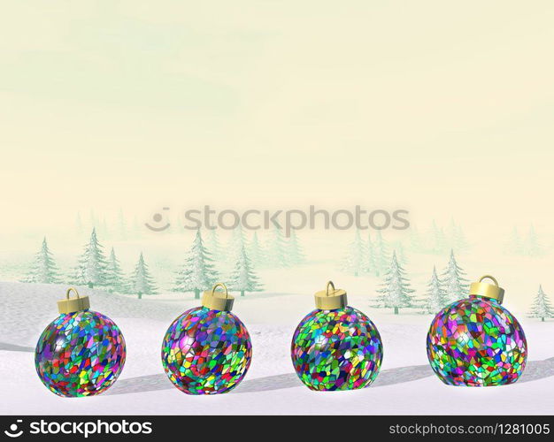 Colorful Christmas balls in the mountain with snow and fir trees by sunset - 3D render. Christmas balls in the mountain - 3D render