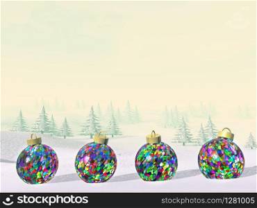 Colorful Christmas balls in the mountain with snow and fir trees by sunset - 3D render. Christmas balls in the mountain - 3D render