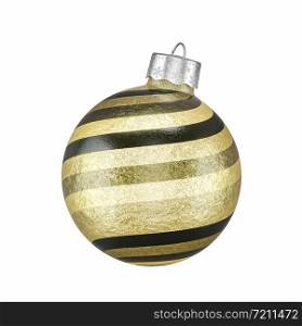 Colorful Christmas bauble in black with textured shaded gradient gold stripes isolated on a white background for holiday themed concepts