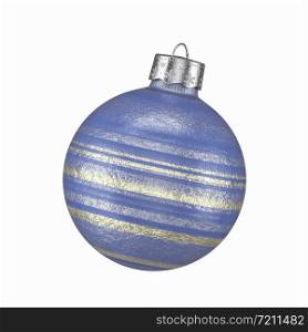 Colorful Christmas bauble in blue with textured shaded gradient gold stripes isolated on a white background for holiday themed concepts