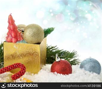 Colorful Christmas decoration And Gift Box On A Snow