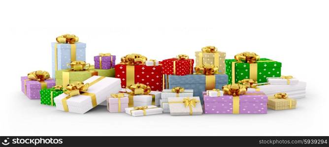 Colorful christmas gift boxes, presents with bows and ribbons isolated 3d rendering