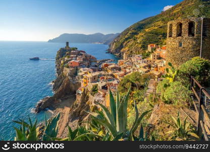Colorful cityscape of buildings over Mediterranean sea, Europe, Cinque Terre, traditional Italian architecture