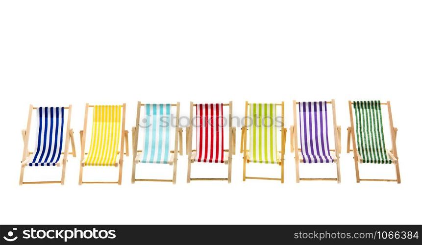 Colorful classic beach chairs in a row isolated over white background