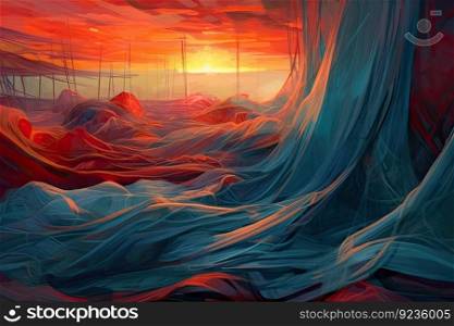 Colorful cloth weaved abstract painting over a sunset background, with dreamlike realism and flowing draperies. Perfect for decor by generative AI