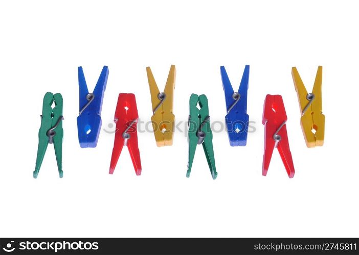 colorful clothes pegs isolated on white background