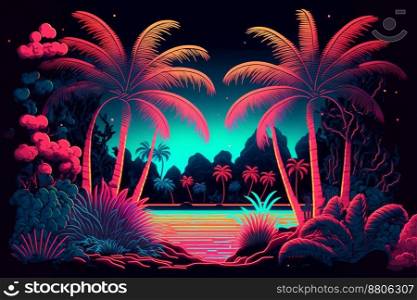 colorful coconut palm trees silhouette on summer