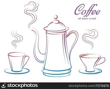 Colorful coffee pot and cups. Colorful coffee pot and cups with smoke collection isolated on white. Vector illustration