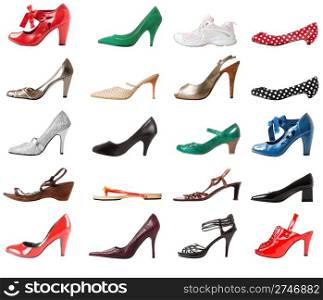 Colorful collection of different female shoes. Isolated over white background