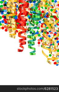 colorful confetti with shiny streamer over white background. party decoration