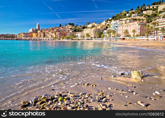 Colorful Cote d Azur town of Menton beach and architecture view, Alpes-Maritimes department in southern France